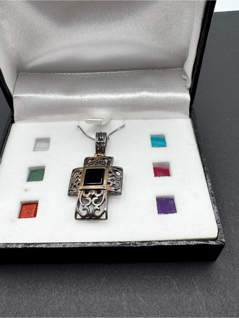 Sterling Silver Filigree Cross Pendant Necklace with Black Center Stone